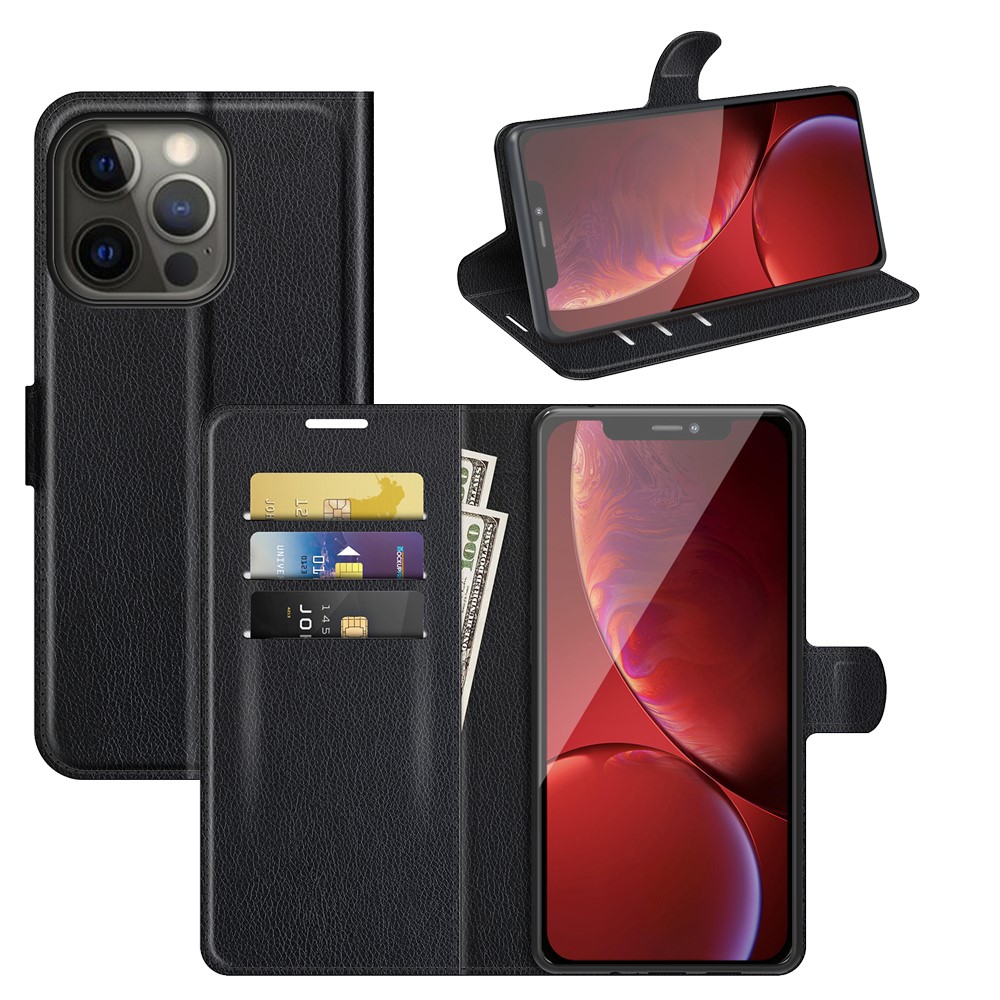 Litchi Texture Wallet Stand Design Folio Flip PU Leather Case Phone Cover for iPhone 13 Pro Max 6.7 inch - Black-8
