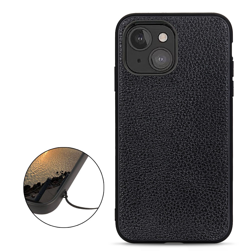 Litchi Skin Genuine Leather Back Case Mobile Phone Cover for iPhone 13 mini 5.4 inch - Black-1