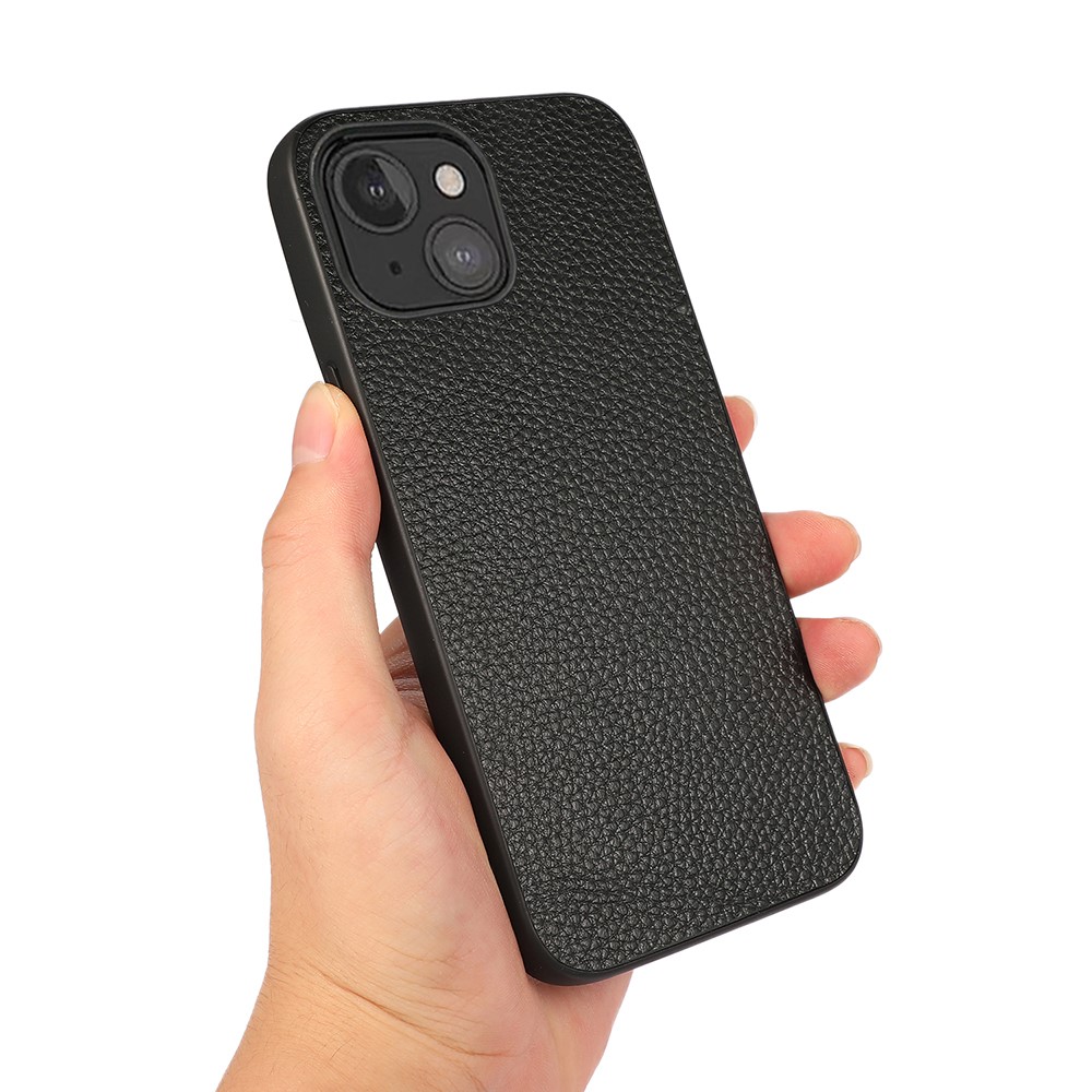 Litchi Skin Genuine Leather Back Case Mobile Phone Cover for iPhone 13 mini 5.4 inch - Black-2
