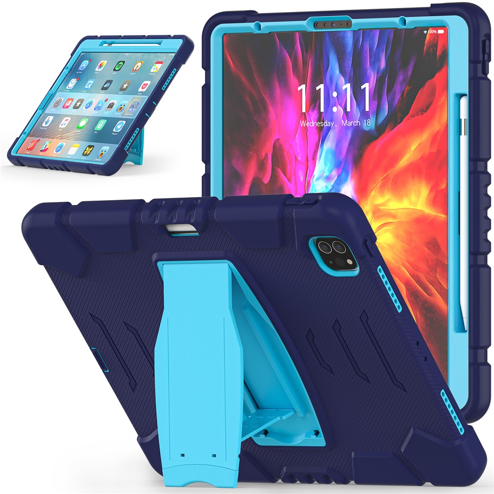 King Kong Series Shockproof 3 Layers Full Body Protection Cover with Magnetic Pencil Holder for iPad Pro 12.9 (2022) / (2021) / (2020) / (2018) - Navy Blue / Baby Blue