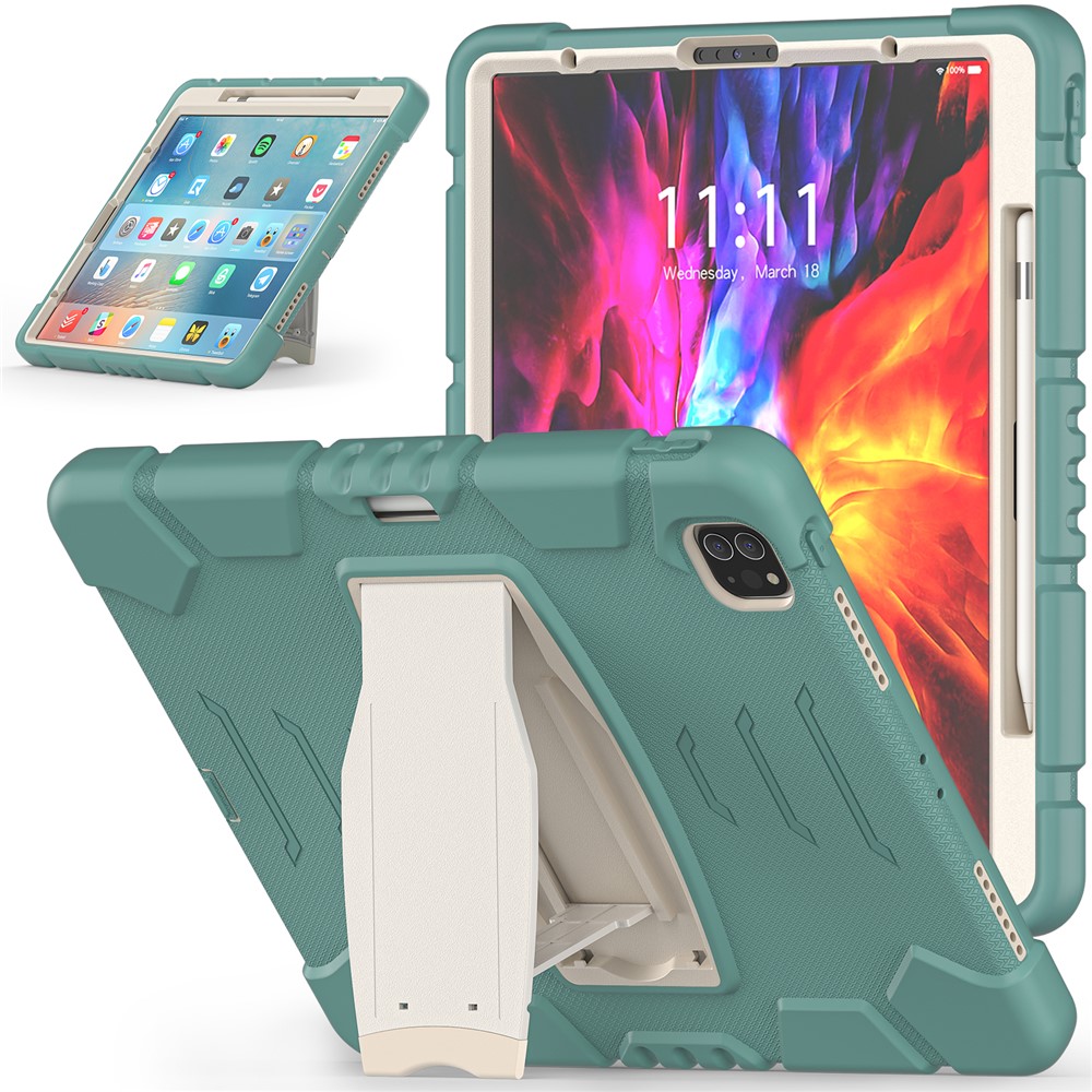 King Kong Series Shockproof 3 Layers Full Body Protection Cover with Magnetic Pencil Holder for iPad Pro 12.9 (2022) / (2021) / (2020) / (2018) - Emerald Green / White