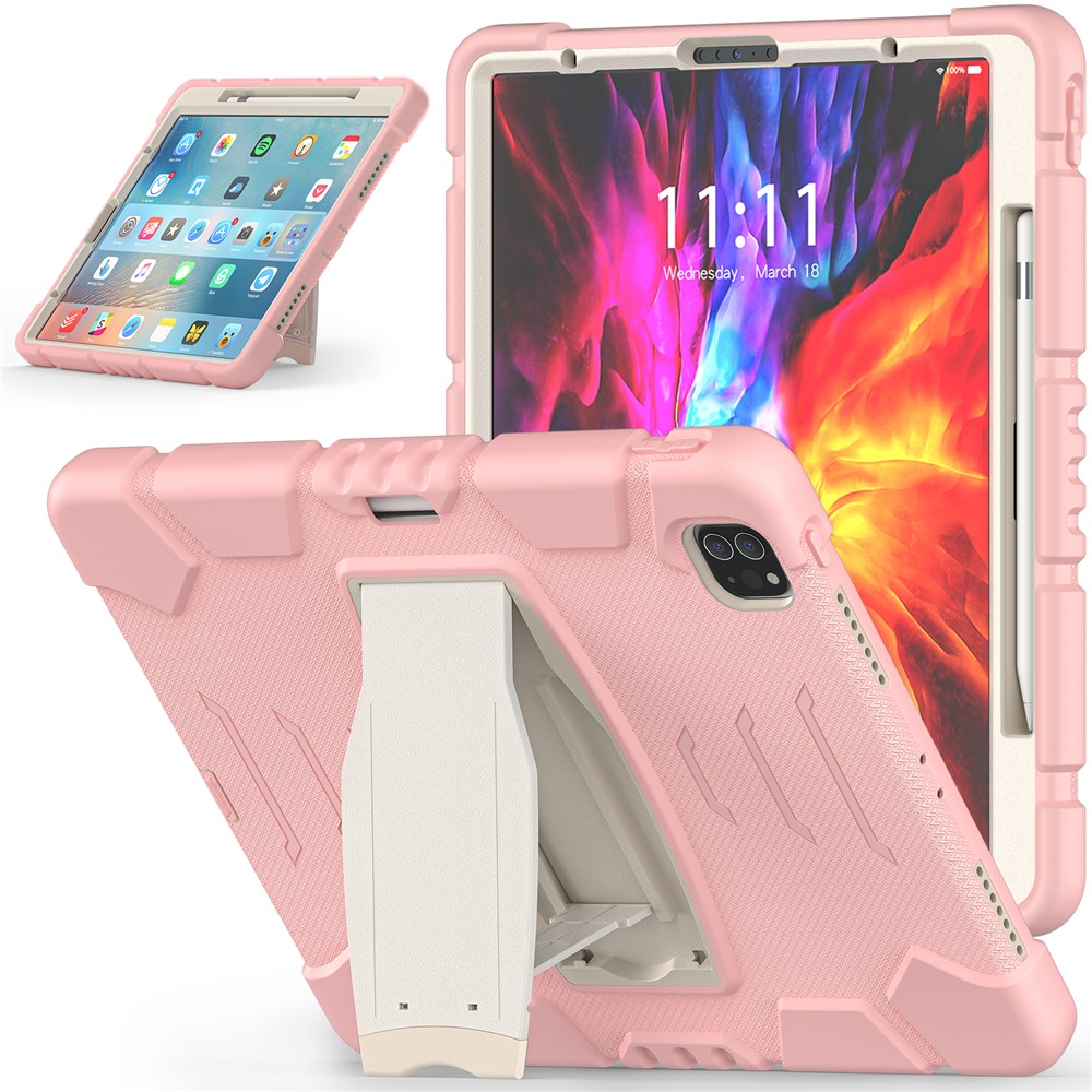 King Kong Series Shockproof 3 Layers Full Body Protection Cover with Magnetic Pencil Holder for iPad Pro 12.9 (2022) / (2021) / (2020) / (2018) - Pink / White