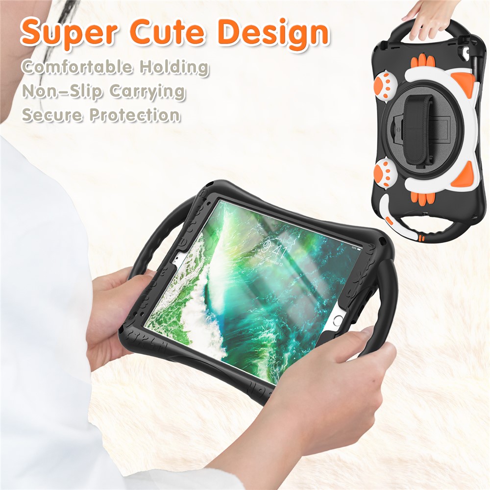 Hand Band Design Hybrid Cover with 360° Rotary Kickstand for iPad 9.7-inch (2018)/(2017)/Pro 9.7 inch (2016)/Air 2 - Black/Orange-3