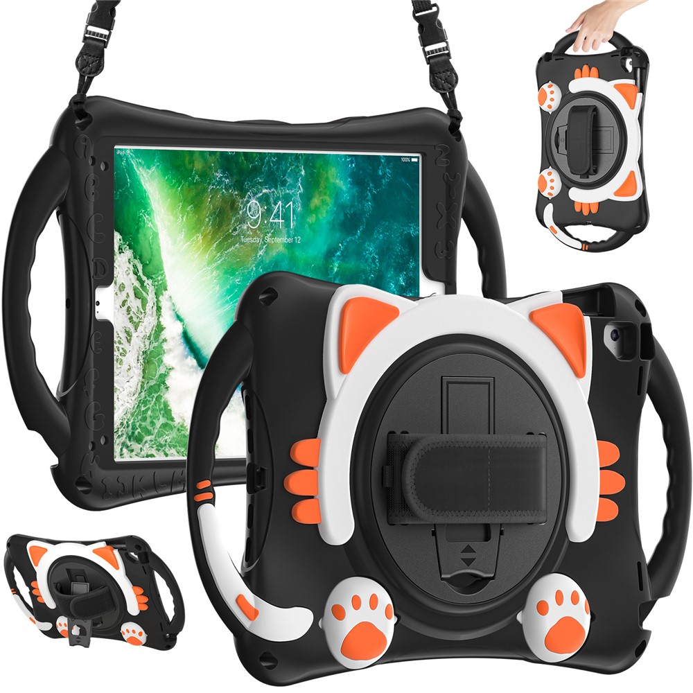 360° Rotary Kickstand Hybrid Tablet Cover with Shoulder Strap + Hand Band for iPad 9.7-inch (2018)/(2017)/Pro 9.7 inch (2016)/Air 2 - Black/Orange-1