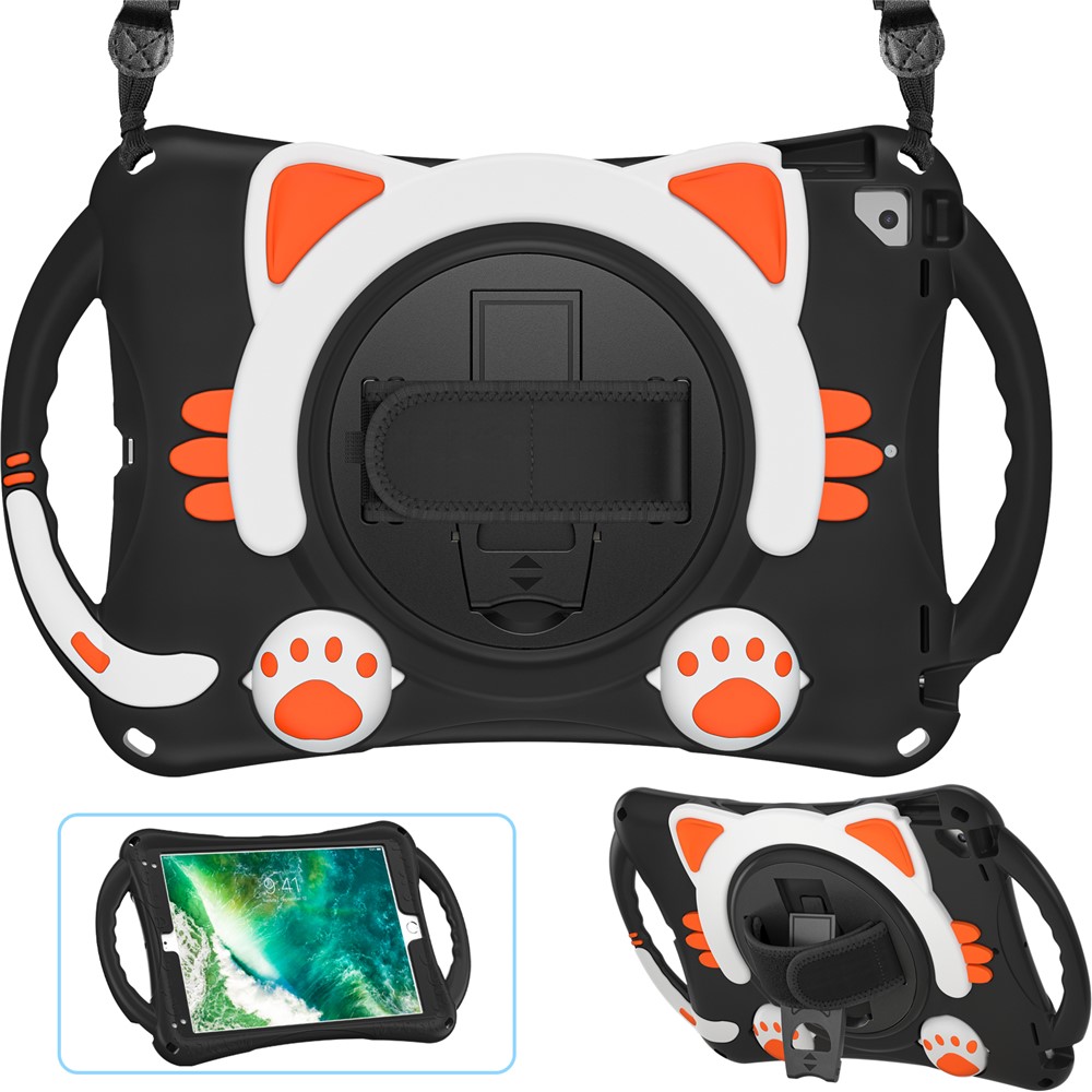 360° Rotary Kickstand Hybrid Tablet Cover with Shoulder Strap + Hand Band for iPad 9.7-inch (2018)/(2017)/Pro 9.7 inch (2016)/Air 2 - Black/Orange-10