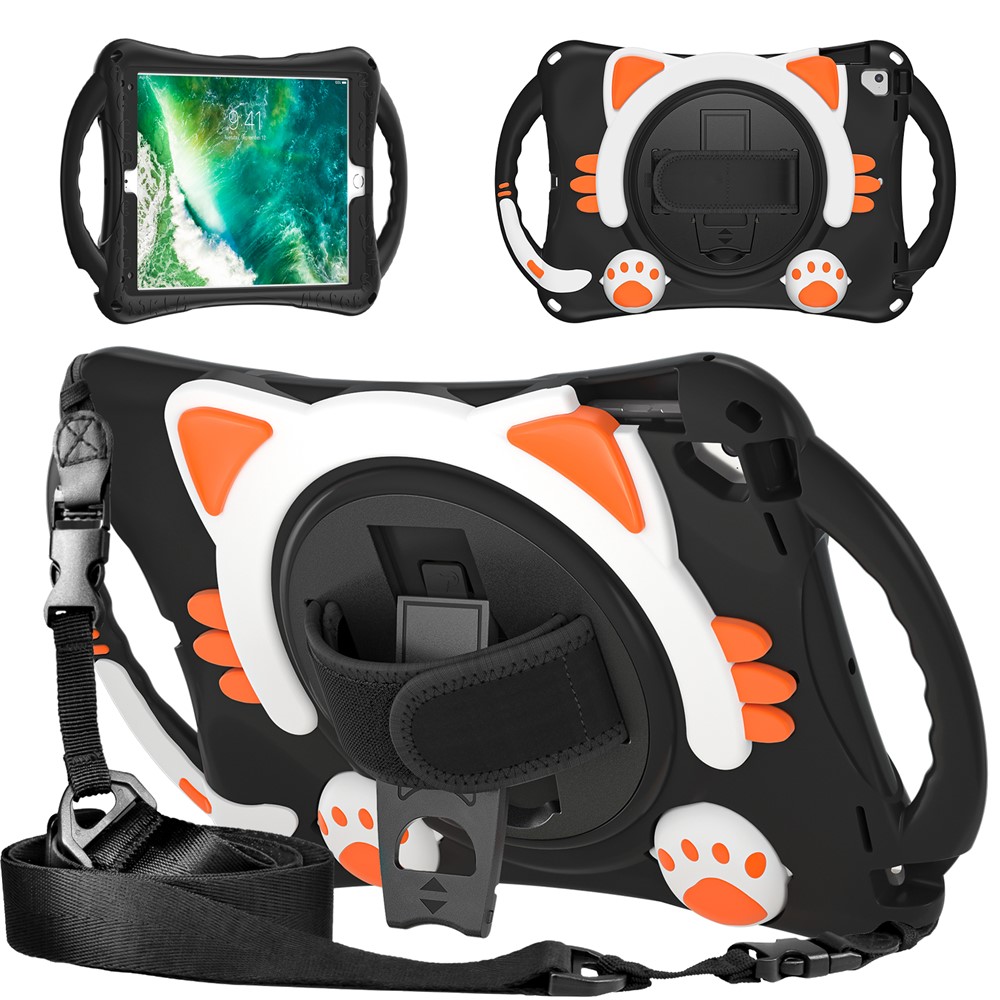 360° Rotary Kickstand Hybrid Tablet Cover with Shoulder Strap + Hand Band for iPad 9.7-inch (2018)/(2017)/Pro 9.7 inch (2016)/Air 2 - Black/Orange-2