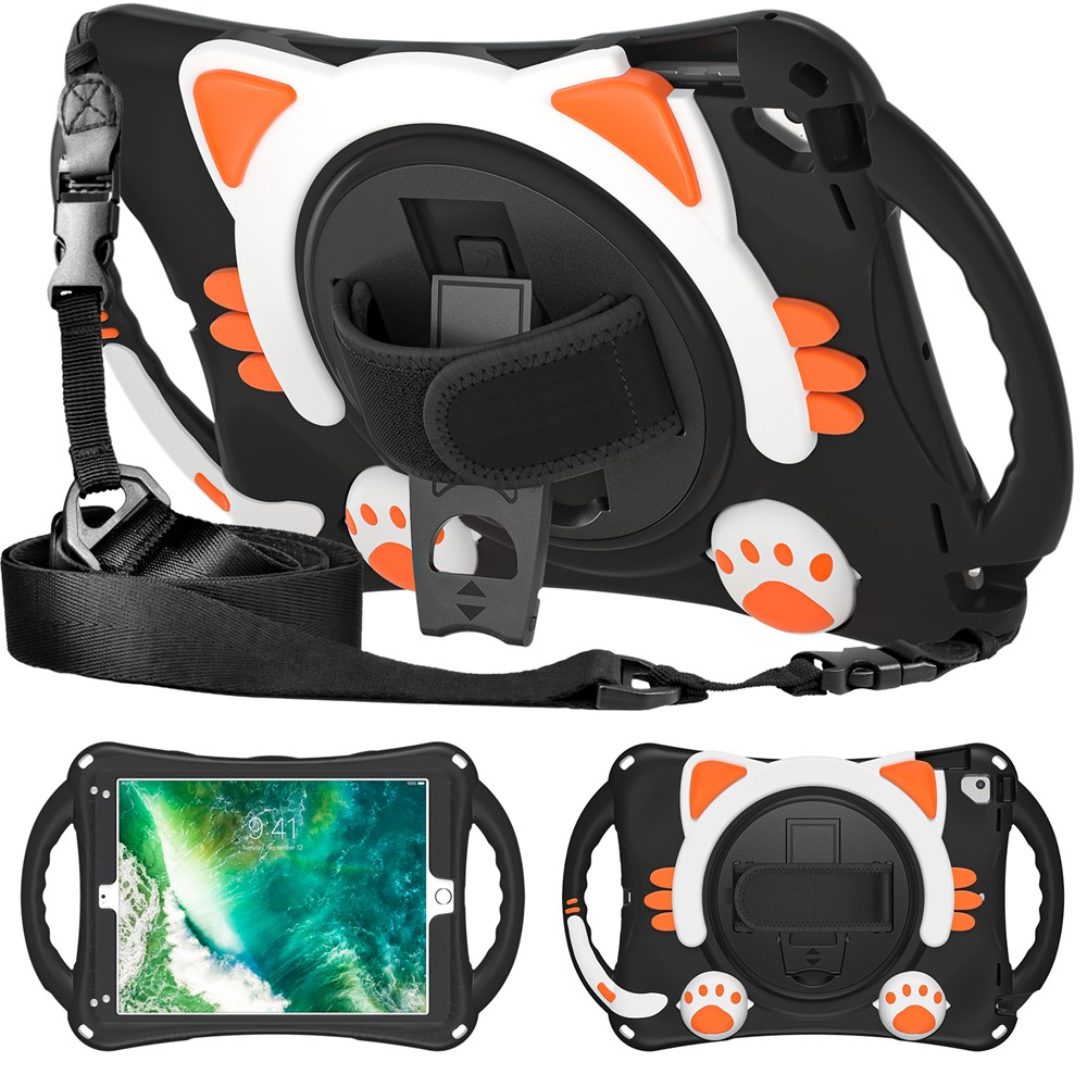 360° Rotary Kickstand Hybrid Tablet Cover with Shoulder Strap + Hand Band for iPad 9.7-inch (2018)/(2017)/Pro 9.7 inch (2016)/Air 2 - Black/Orange-3