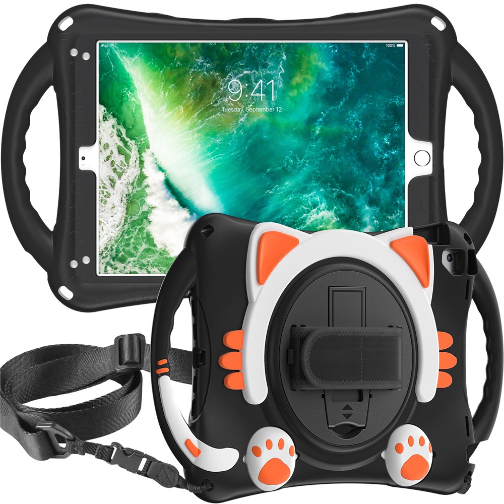 360° Rotary Kickstand Hybrid Tablet Cover with Shoulder Strap + Hand Band for iPad 9.7-inch (2018)/(2017)/Pro 9.7 inch (2016)/Air 2 - Black/Orange-4