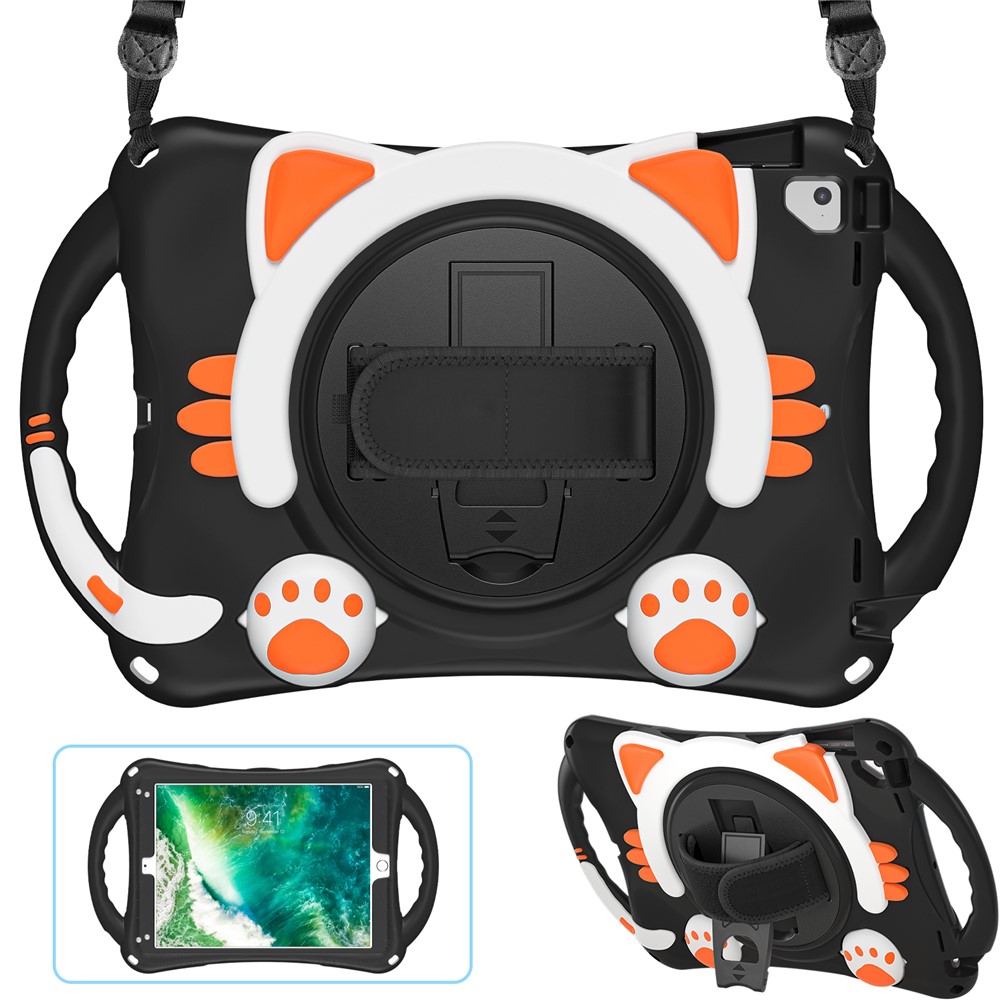 360° Rotary Kickstand Hybrid Tablet Cover with Shoulder Strap + Hand Band for iPad 9.7-inch (2018)/(2017)/Pro 9.7 inch (2016)/Air 2 - Black/Orange-5