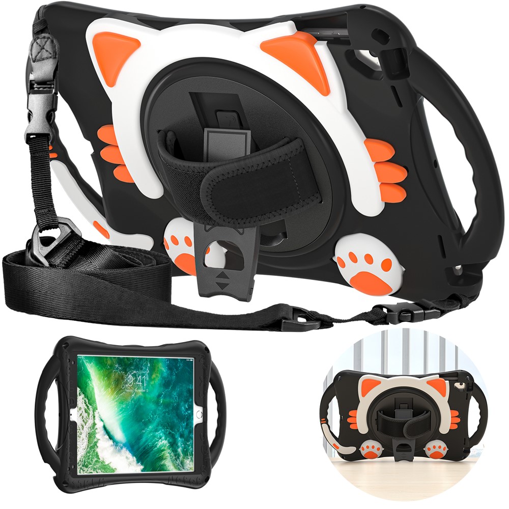 360° Rotary Kickstand Hybrid Tablet Cover with Shoulder Strap + Hand Band for iPad 9.7-inch (2018)/(2017)/Pro 9.7 inch (2016)/Air 2 - Black/Orange-6