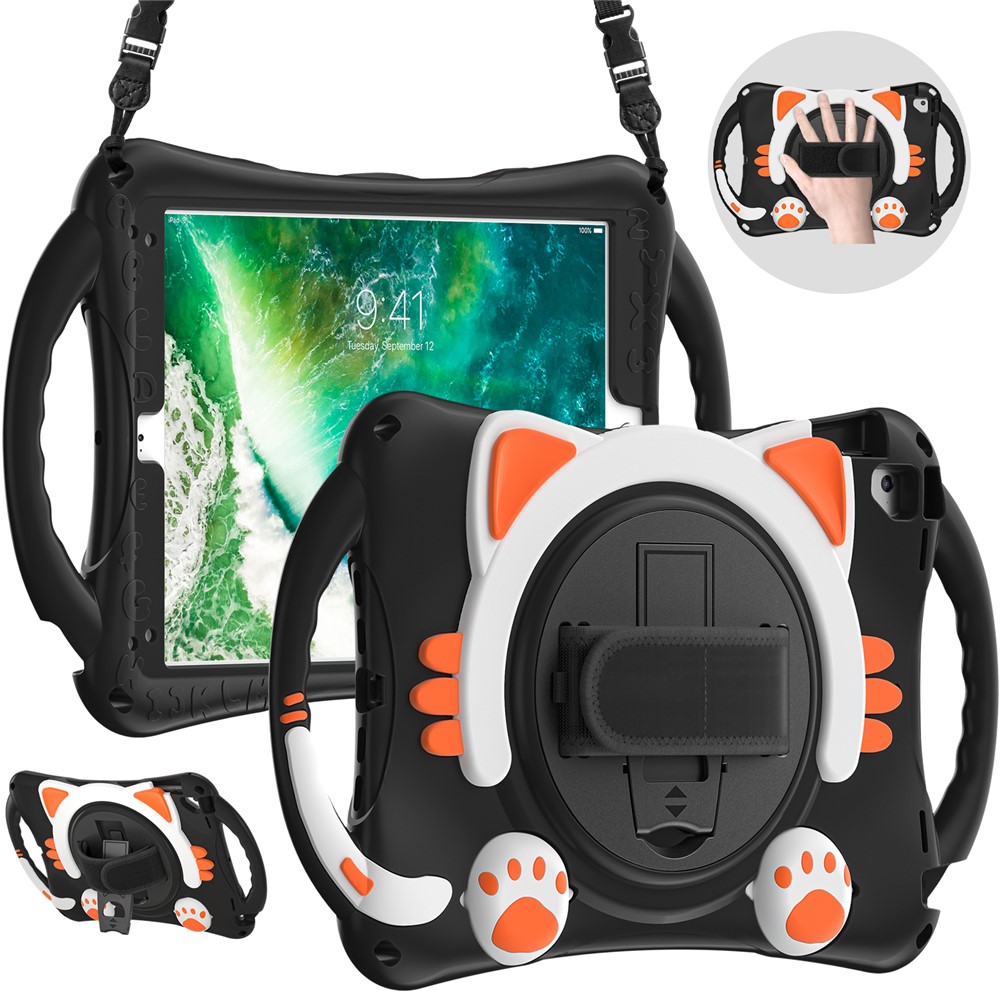 360° Rotary Kickstand Hybrid Tablet Cover with Shoulder Strap + Hand Band for iPad 9.7-inch (2018)/(2017)/Pro 9.7 inch (2016)/Air 2 - Black/Orange-7