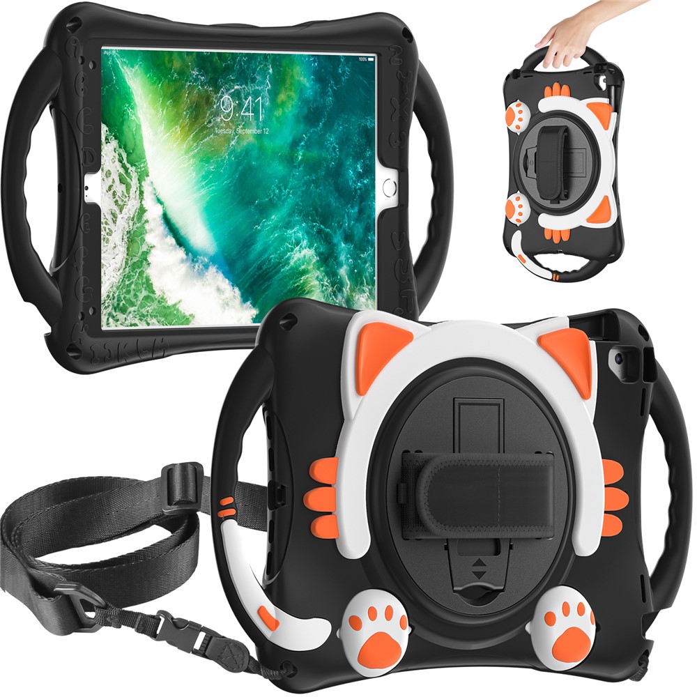 360° Rotary Kickstand Hybrid Tablet Cover with Shoulder Strap + Hand Band for iPad 9.7-inch (2018)/(2017)/Pro 9.7 inch (2016)/Air 2 - Black/Orange-8