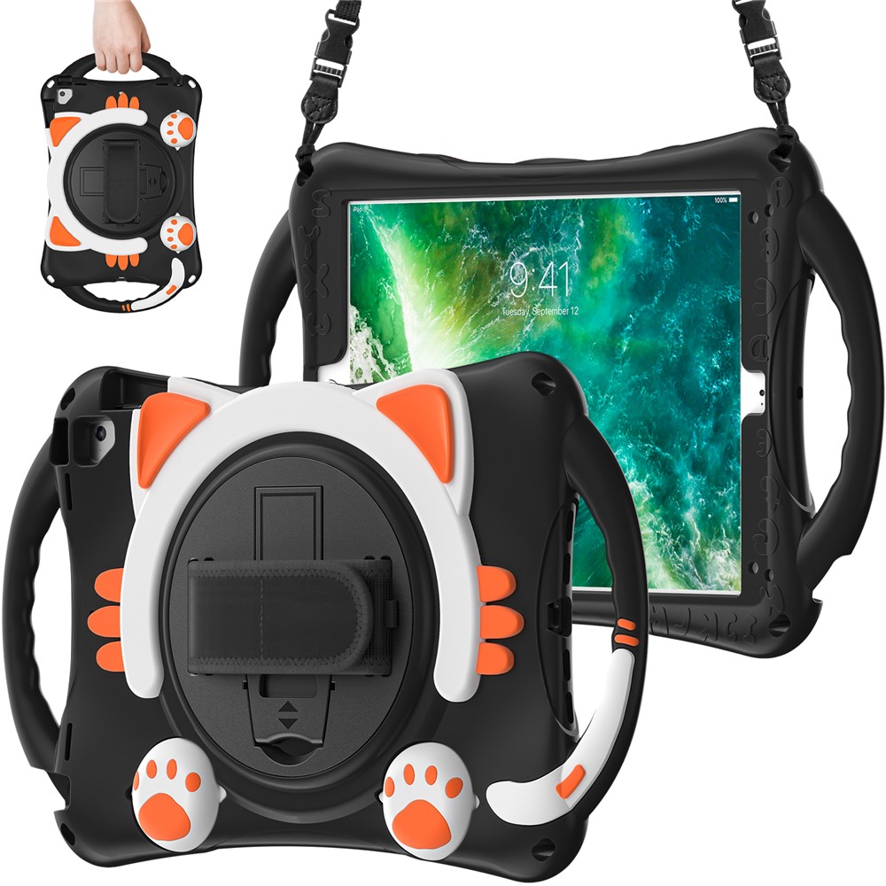 360° Rotary Kickstand Hybrid Tablet Cover with Shoulder Strap + Hand Band for iPad 9.7-inch (2018)/(2017)/Pro 9.7 inch (2016)/Air 2 - Black/Orange-9