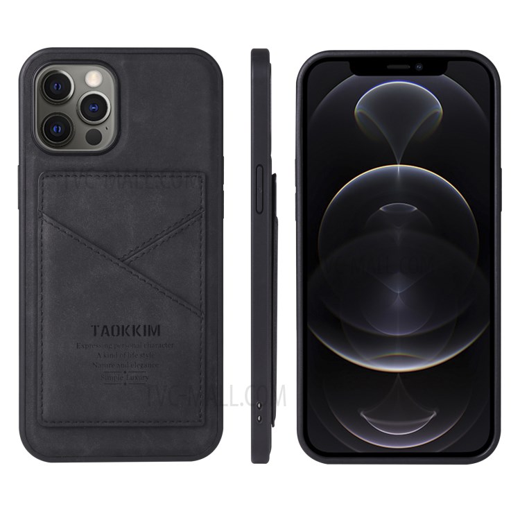 TAOKKIM Vintage Style PU Leather Coated TPU Phone Case Protective Cover with Kickstand and Card Slot for iPhone 12 / 12 Pro - Black-2