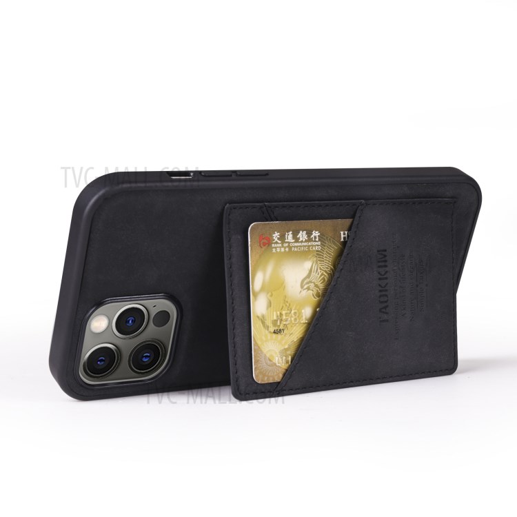 TAOKKIM Vintage Style PU Leather Coated TPU Phone Case Protective Cover with Kickstand and Card Slot for iPhone 12 / 12 Pro - Black-3