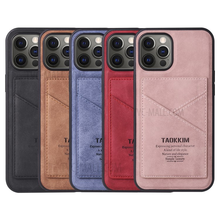 TAOKKIM Vintage Style PU Leather Coated TPU Phone Case Protective Cover with Kickstand and Card Slot for iPhone 12 / 12 Pro - Black-7
