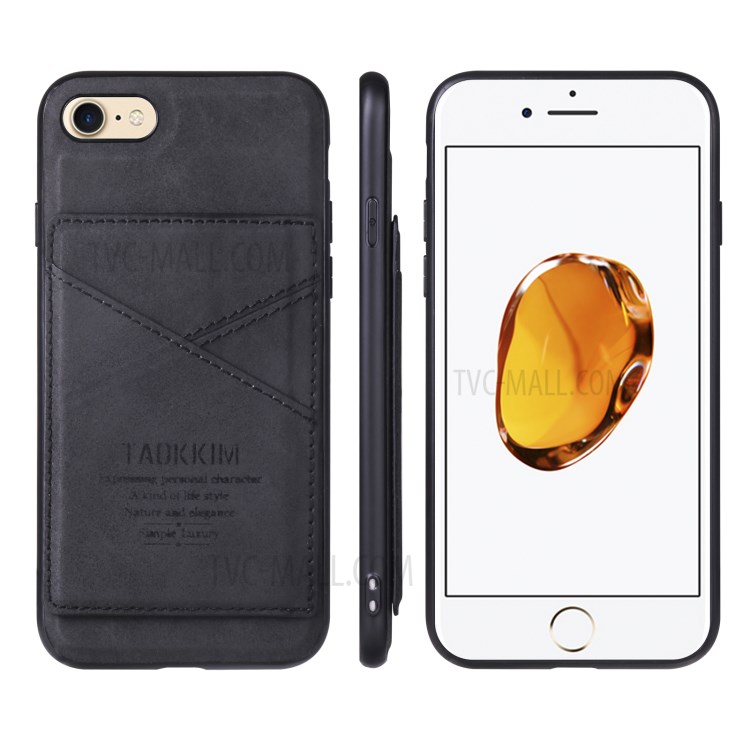 TAOKKIM Vintage Style Kickstand Card Holder Design PU Leather Coated TPU Phone Cover Shell for iPhone 7/8/SE (2nd Generation) - Black-2