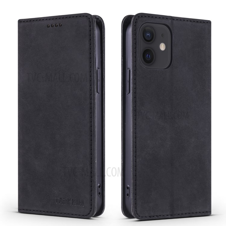 TAOKKIM Vintage Style Card Holder Stand Design Leather Phone Cover Case for iPhone 12 / 12 Pro - Black-1