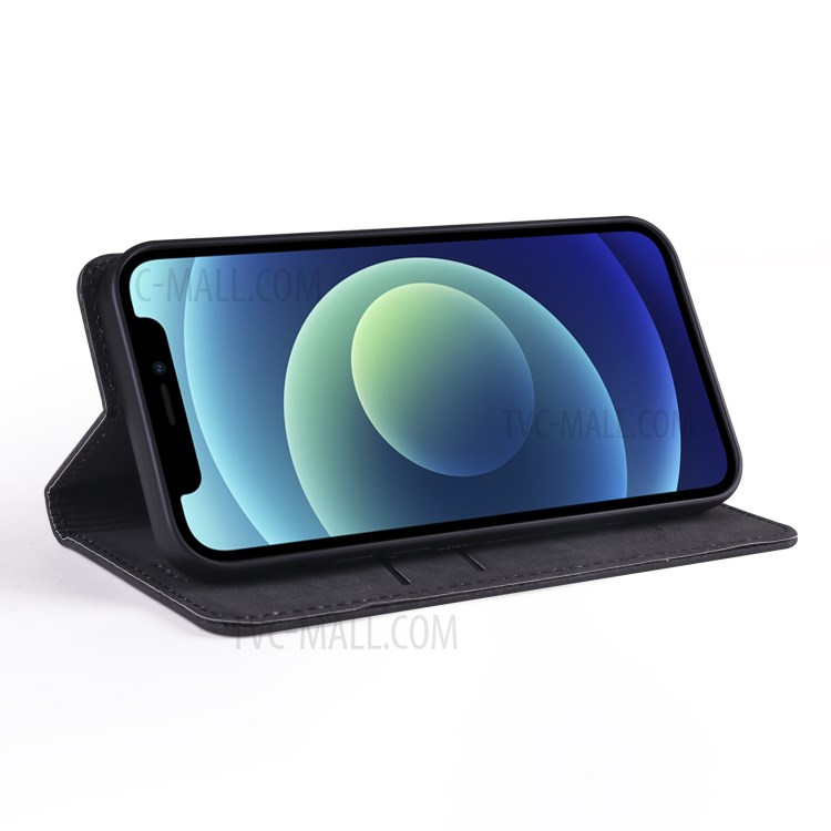 TAOKKIM Vintage Style Card Holder Stand Design Leather Phone Cover Case for iPhone 12 / 12 Pro - Black-4