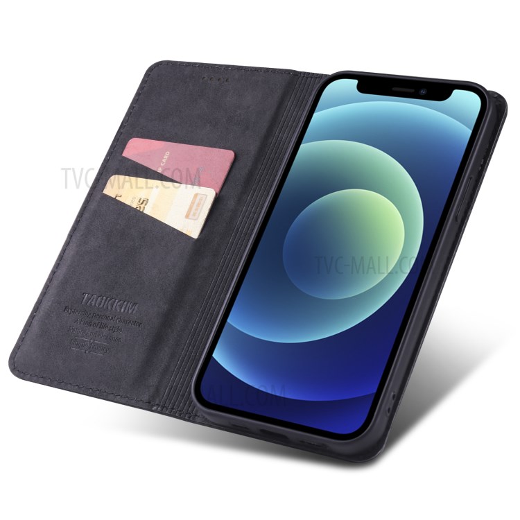 TAOKKIM Vintage Style Card Holder Stand Design Leather Phone Cover Case for iPhone 12 / 12 Pro - Black-5