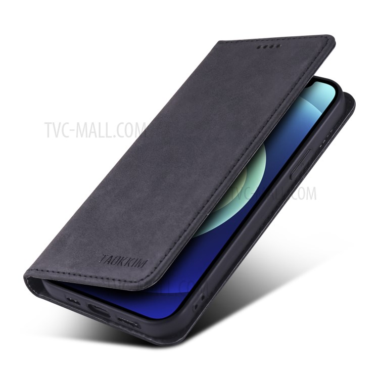 TAOKKIM Vintage Style Card Holder Stand Design Leather Phone Cover Case for iPhone 12 / 12 Pro - Black-7