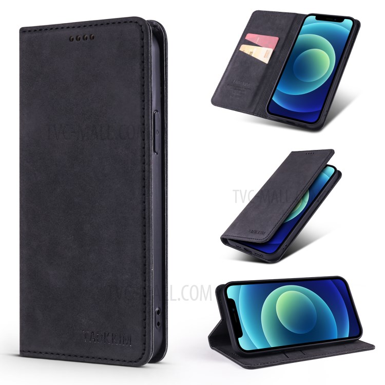 TAOKKIM Vintage Style Card Holder Stand Design Leather Phone Cover Case for iPhone 12 / 12 Pro - Black-8