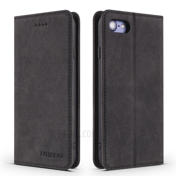 TAOKKIM Vintage Magnetic Auto-absorbed PU Leather Stand Phone Case with Card Slots for iPhone 7/8/SE (2nd Generation) - Black-1