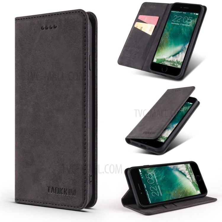 TAOKKIM Vintage Magnetic Auto-absorbed PU Leather Stand Phone Case with Card Slots for iPhone 7/8/SE (2nd Generation) - Black-8