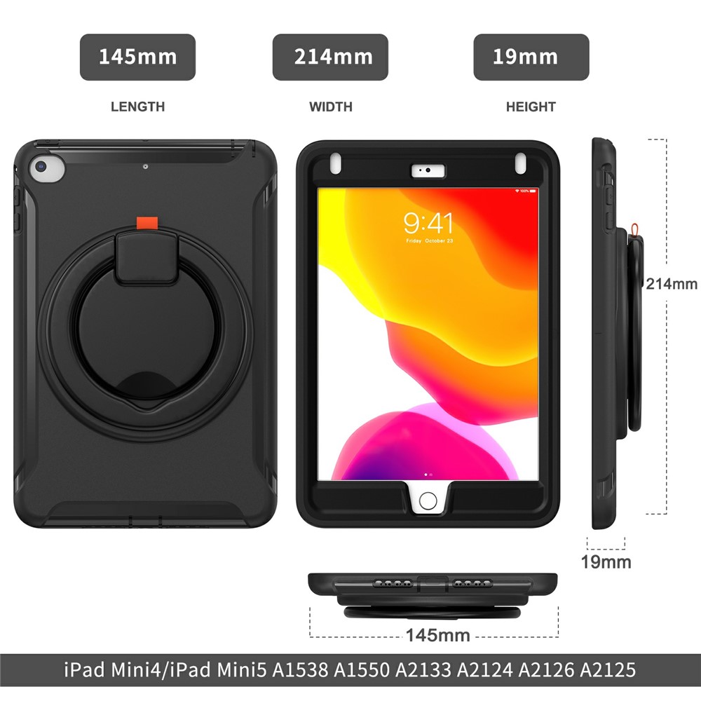 360° Rotary Kickstand Drop-Proof Tablet Protective Cover for iPad mini 4/(2019) 7.9 inch - Black/Black-7