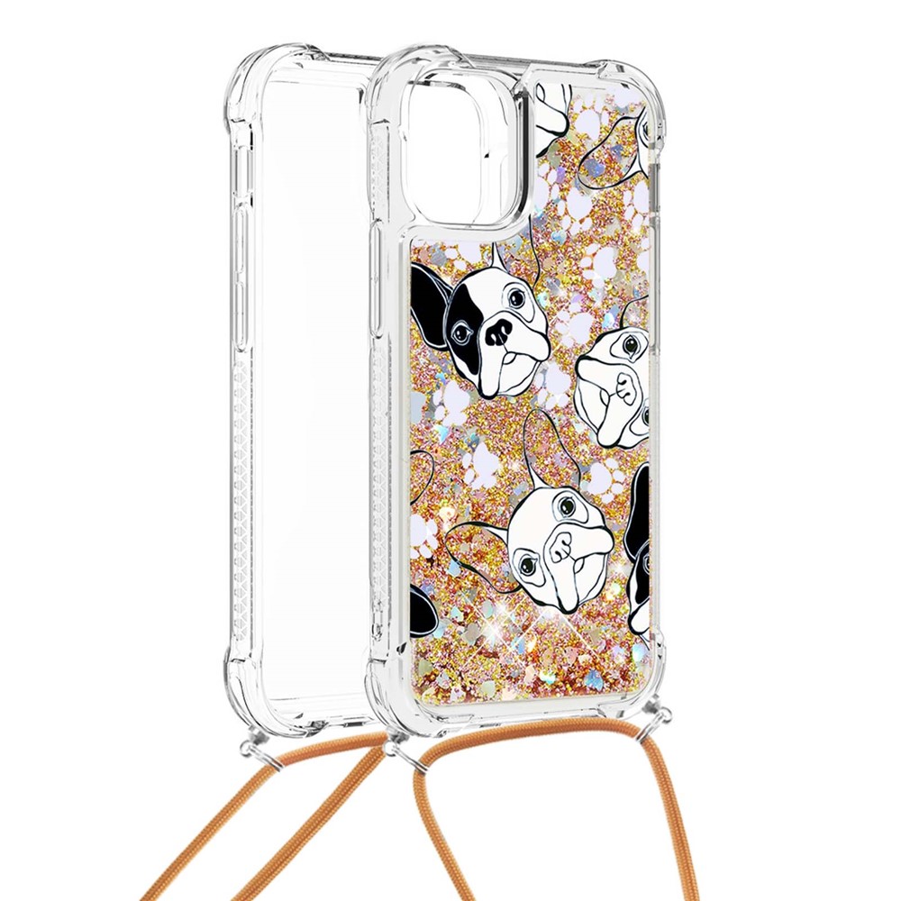Bling Quicksand Soft TPU Shiny Sparkle Floating Pretty Phone Case Cover with Strap for iPhone 13 6.1 inch - Black/White Puppy-2