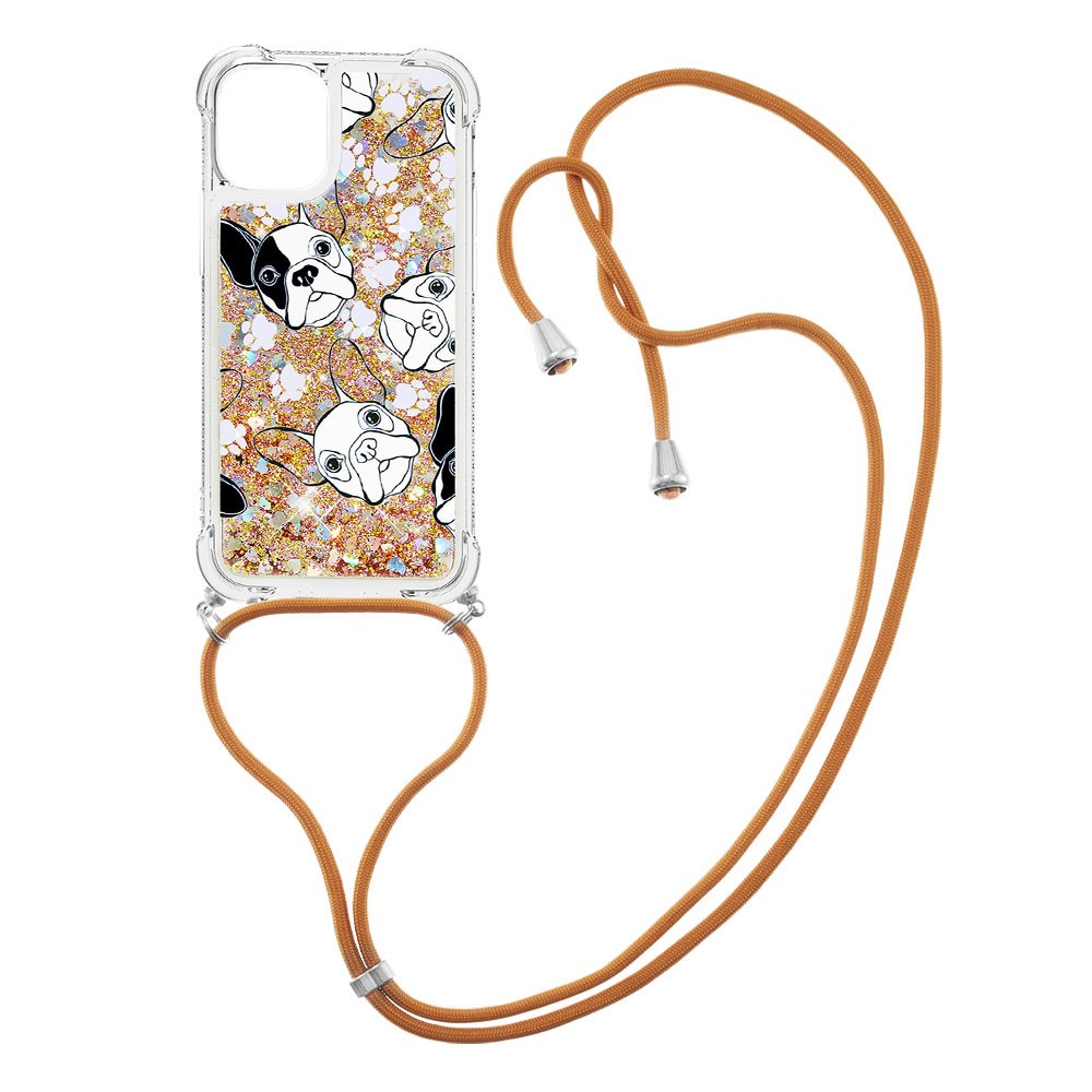 Bling Quicksand Soft TPU Shiny Sparkle Floating Pretty Phone Case Cover with Strap for iPhone 13 6.1 inch - Black/White Puppy-3