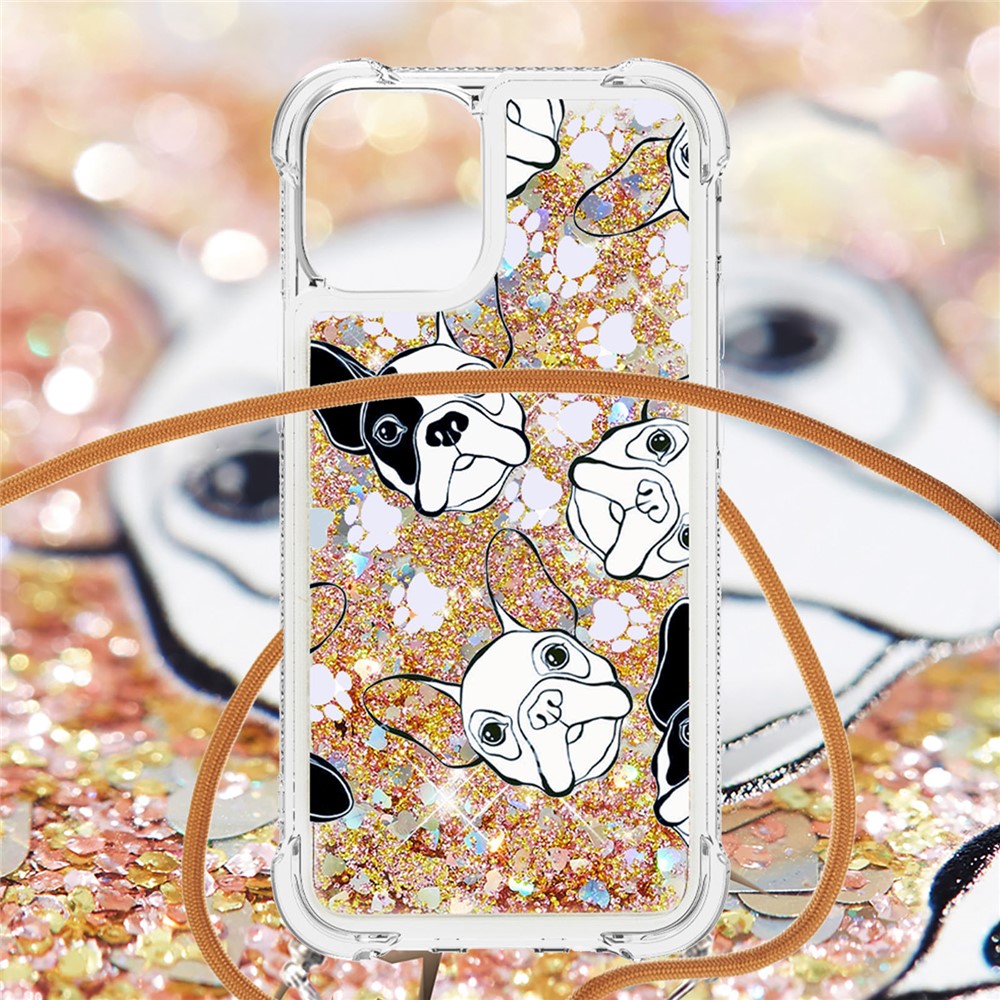Bling Quicksand Soft TPU Shiny Sparkle Floating Pretty Phone Case Cover with Strap for iPhone 13 6.1 inch - Black/White Puppy-4