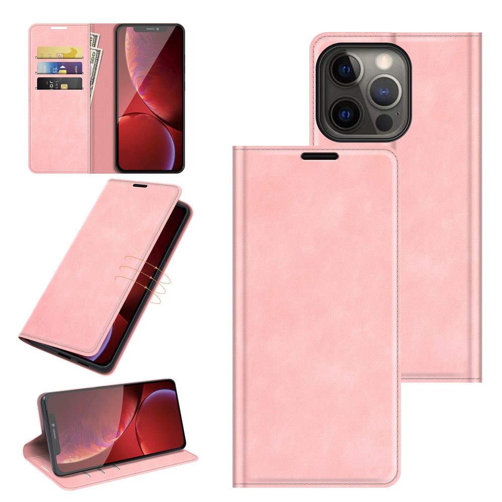 PU Leather Magnetic Auto-absorbed Wallet Stand Phone Shell Case for iPhone 13 Pro Max 6.7 inch - Pink-8