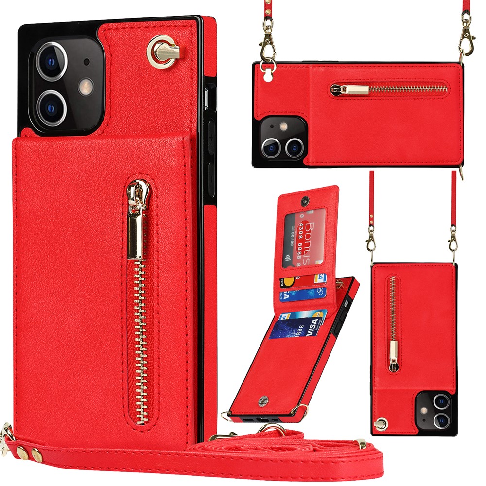 Detachable Lanyard PU Leather Coated TPU Hybrid Case Vertical Flip Kickstand Phone Shell for iPhone 12 mini - Red