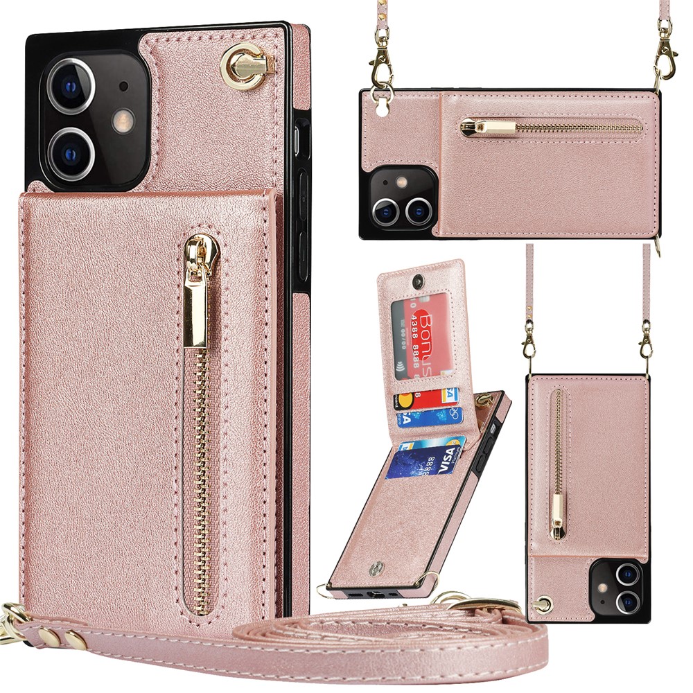 Detachable Lanyard PU Leather Coated TPU Hybrid Case Vertical Flip Kickstand Phone Shell for iPhone 12 mini - Pink