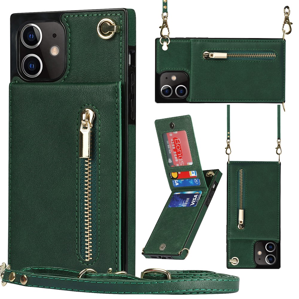 Detachable Lanyard PU Leather Coated TPU Hybrid Case Vertical Flip Kickstand Phone Shell for iPhone 12 mini - Green