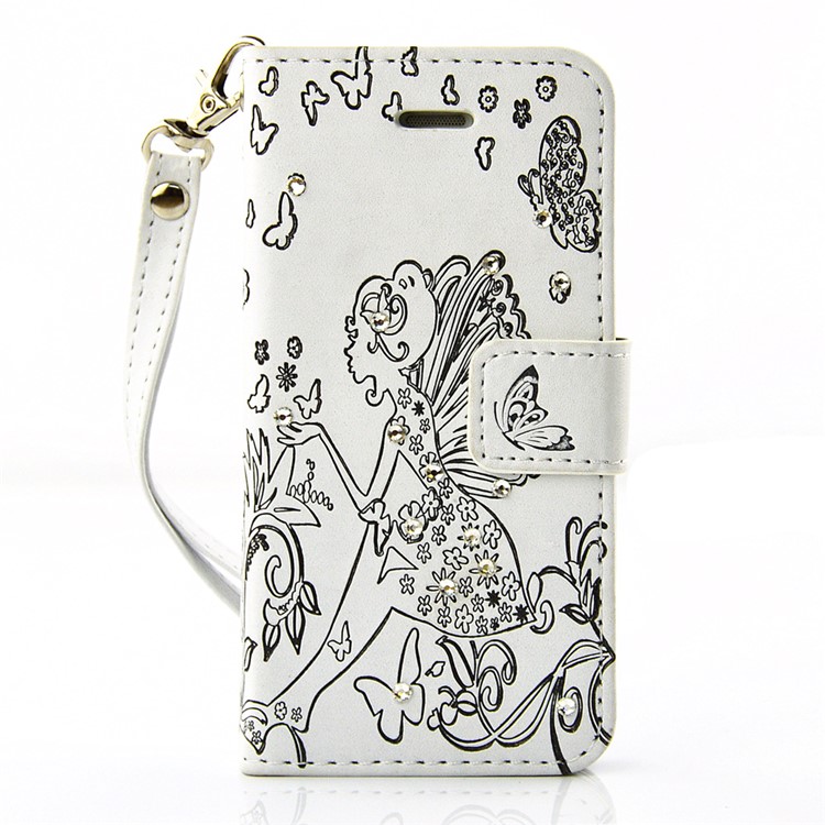 

Diamond Imprint Butterfly Fairy for iPhone SE 5s 5 Leather Wallet Case - Black / White