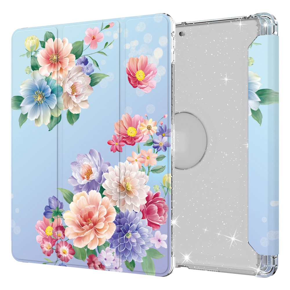 Pattern Printing Tri-fold Stand PU Leather Cover + Clear TPU Back Panel Tablet Shell Cover for iPad 10.2 (2021)/(2020)/(2019) - Flower/Light Pink