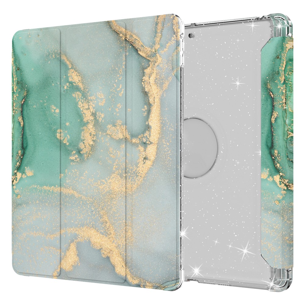 Pattern Printing Tri-fold Stand PU Leather Cover + Clear TPU Back Panel Tablet Shell Cover for iPad 10.2 (2021)/(2020)/(2019) - Marble Pattern/Light Green