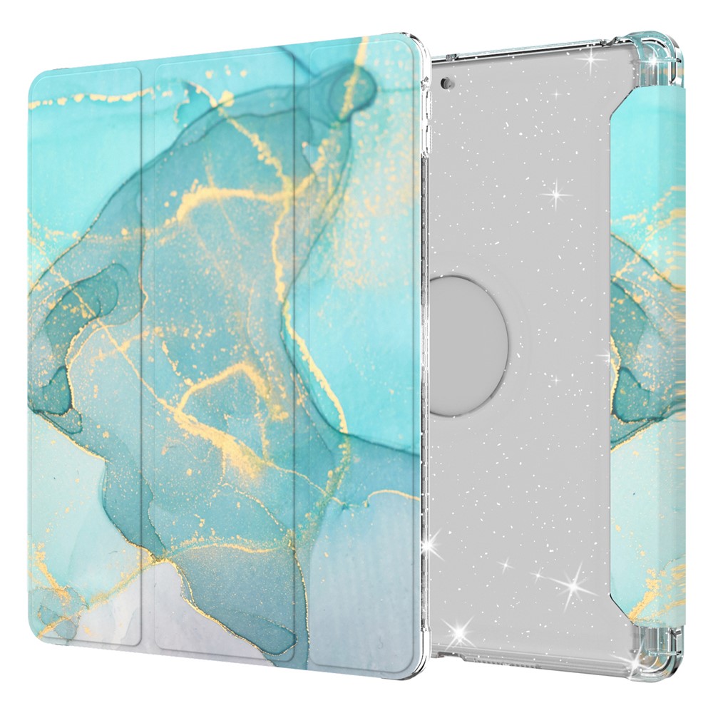 Pattern Printing Tri-fold Stand PU Leather Cover + Clear TPU Back Panel Tablet Shell Cover for iPad 10.2 (2021)/(2020)/(2019) - Marble Pattern/Green