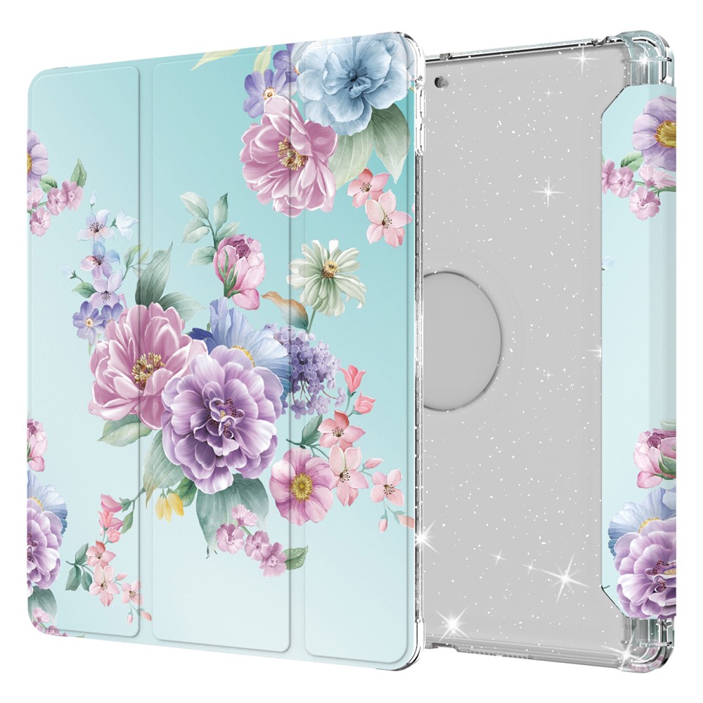 Pattern Printing Tri-fold Stand PU Leather Cover + Clear TPU Back Panel Tablet Shell Cover for iPad 10.2 (2021)/(2020)/(2019) - Flower/Purple