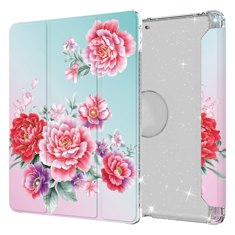 Pattern Printing Tri-fold Stand PU Leather Cover + Clear TPU Back Panel Tablet Shell Cover for iPad 10.2 (2021)/(2020)/(2019) - Flower/Red