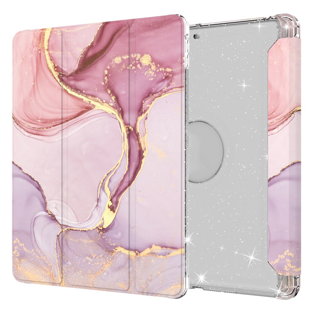 Pattern Printing Tri-fold Stand PU Leather Cover + Clear TPU Back Panel Tablet Shell Cover for iPad 10.2 (2021)/(2020)/(2019) - Marble Pattern/Pink Purple