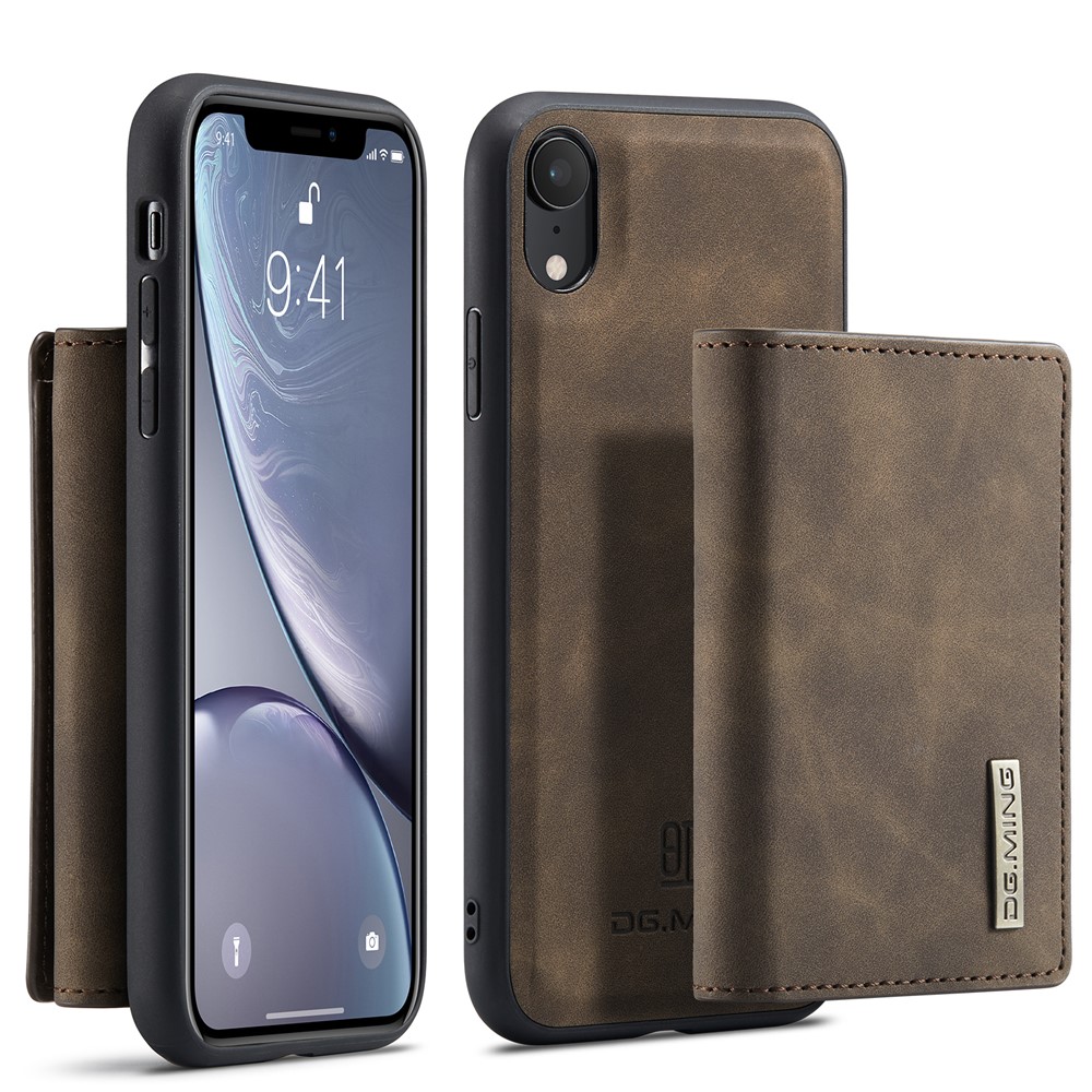 DG.MING M1 Series Phone Shell Hybrid Case with Kickstand and Magnetic Wallet for iPhone XR 6.1 inch - Coffee
