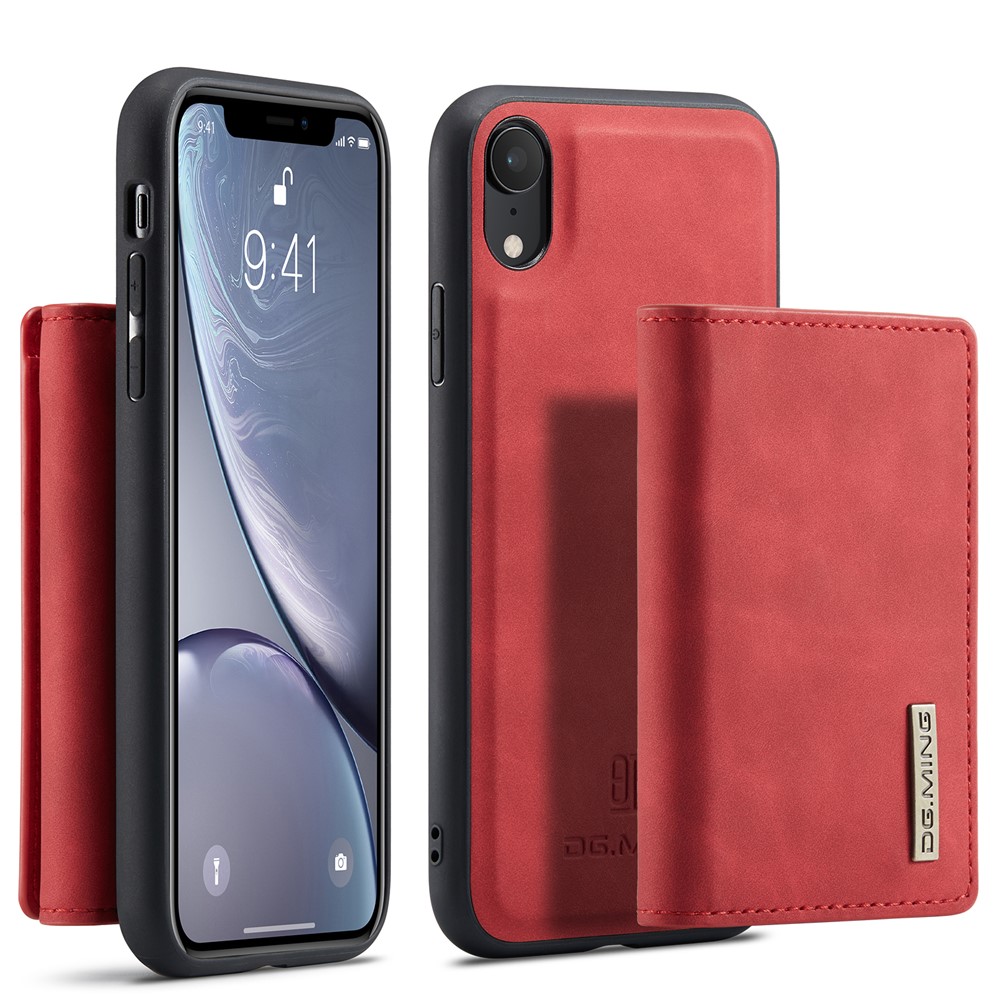 DG.MING M1 Series Phone Shell Hybrid Case with Kickstand and Magnetic Wallet for iPhone XR 6.1 inch - Red