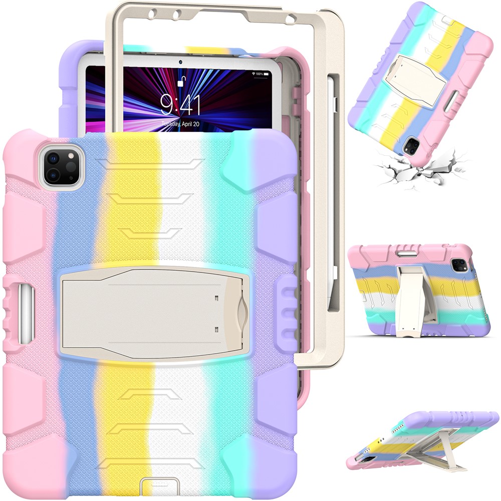 Kickstand Design Drop-Proof Hybrid Tablet Cover with Stylus Pen Magnetic Pairing and Charging Function for iPad Pro 11 (2022) /  (2021) / (2020) / (2018) / Air (2020) / Air (2022) - Colorful / Pink