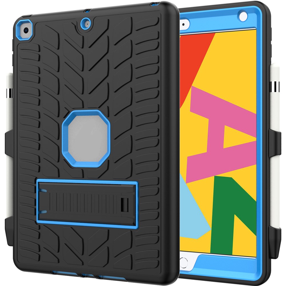 Drop Proof Kickstand Design Cool Tyre Surface PC + Silicone Hybrid Tablet Shell Case for iPad 10.2 (2021)/(2020)/(2019) - Black/Blue