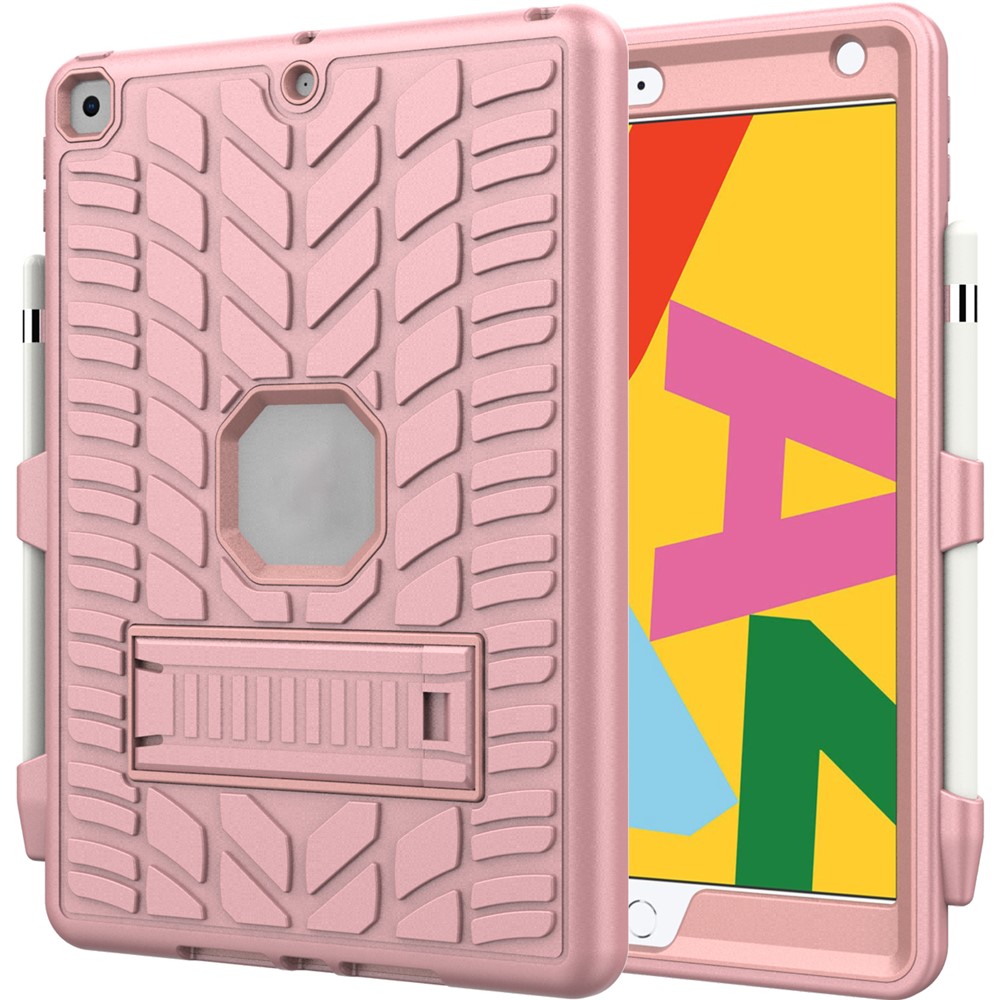 Drop Proof Kickstand Design Cool Tyre Surface PC + Silicone Hybrid Tablet Shell Case for iPad 10.2 (2021)/(2020)/(2019) - Rose Gold