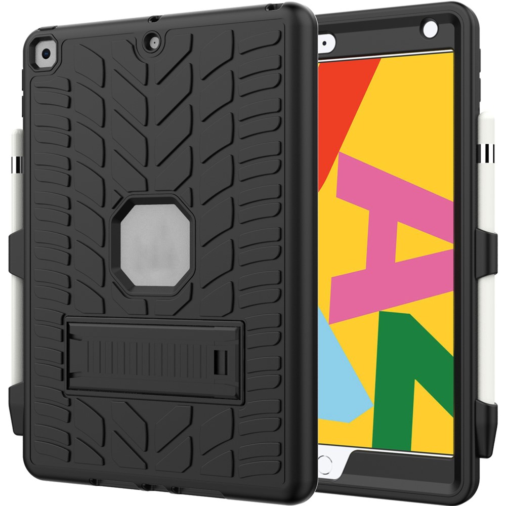 Drop Proof Kickstand Design Cool Tyre Surface PC + Silicone Hybrid Tablet Shell Case for iPad 10.2 (2021)/(2020)/(2019) - Black