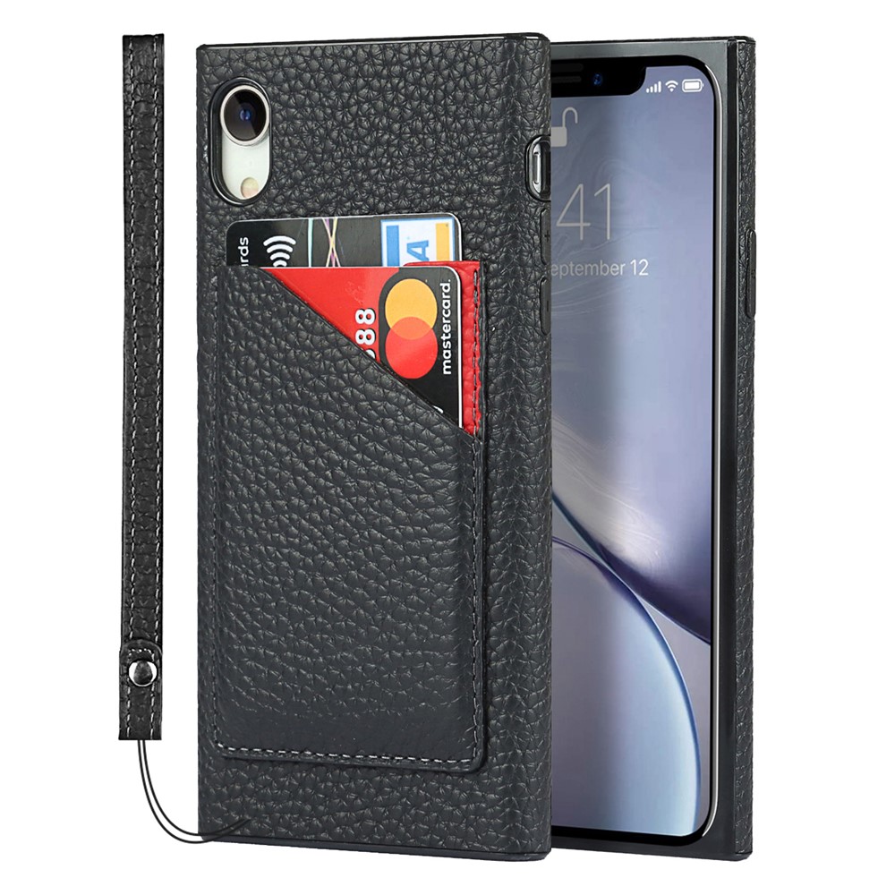 Drop-Proof Litchi Texture Genuine Leather Coated Black TPU Phone Cover with Card Slots for iPhone XR 6.1 inch - Black